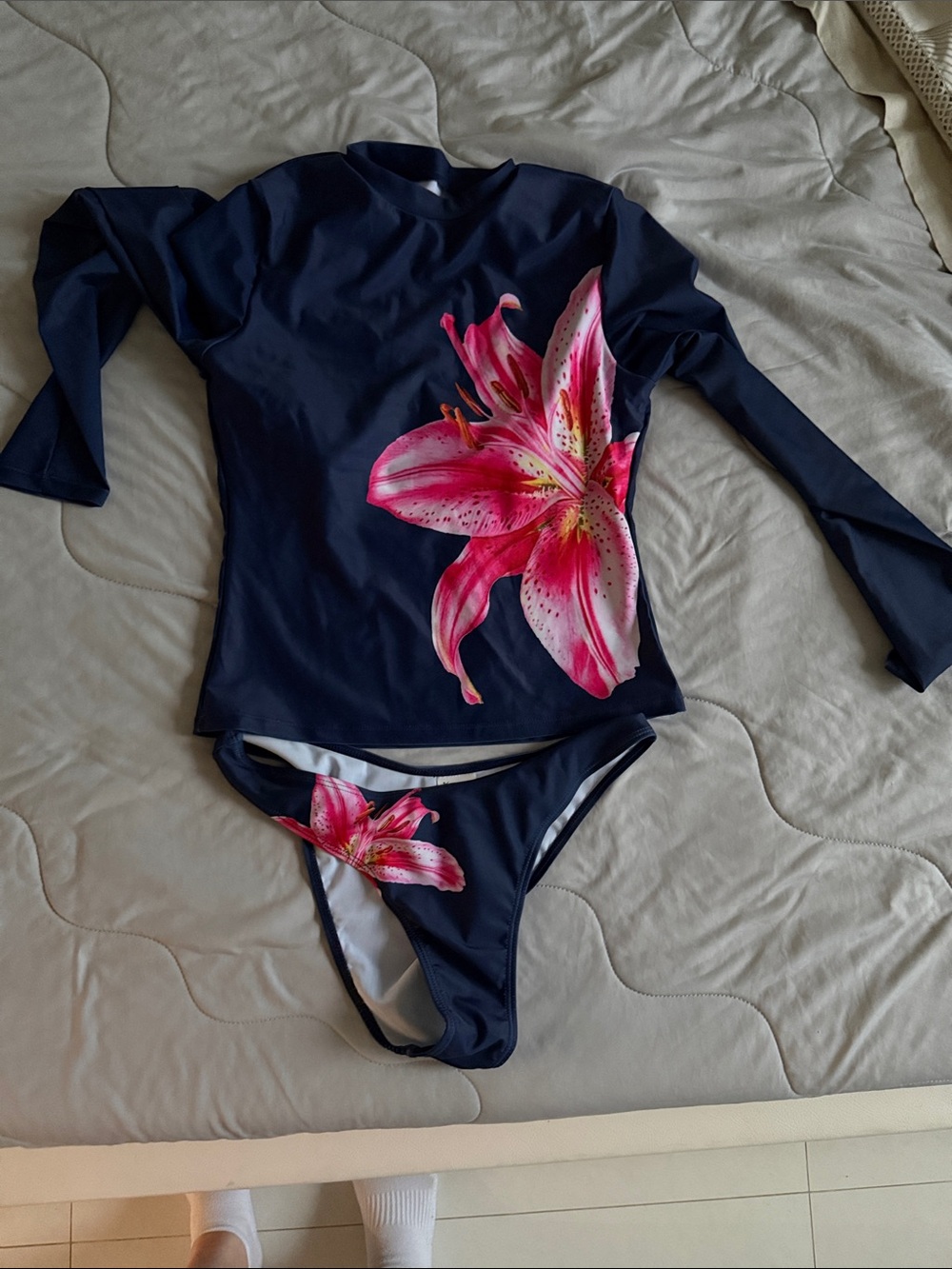 SHEIN Navy Long-Sleeve Bikini Set with Pink Floral Print